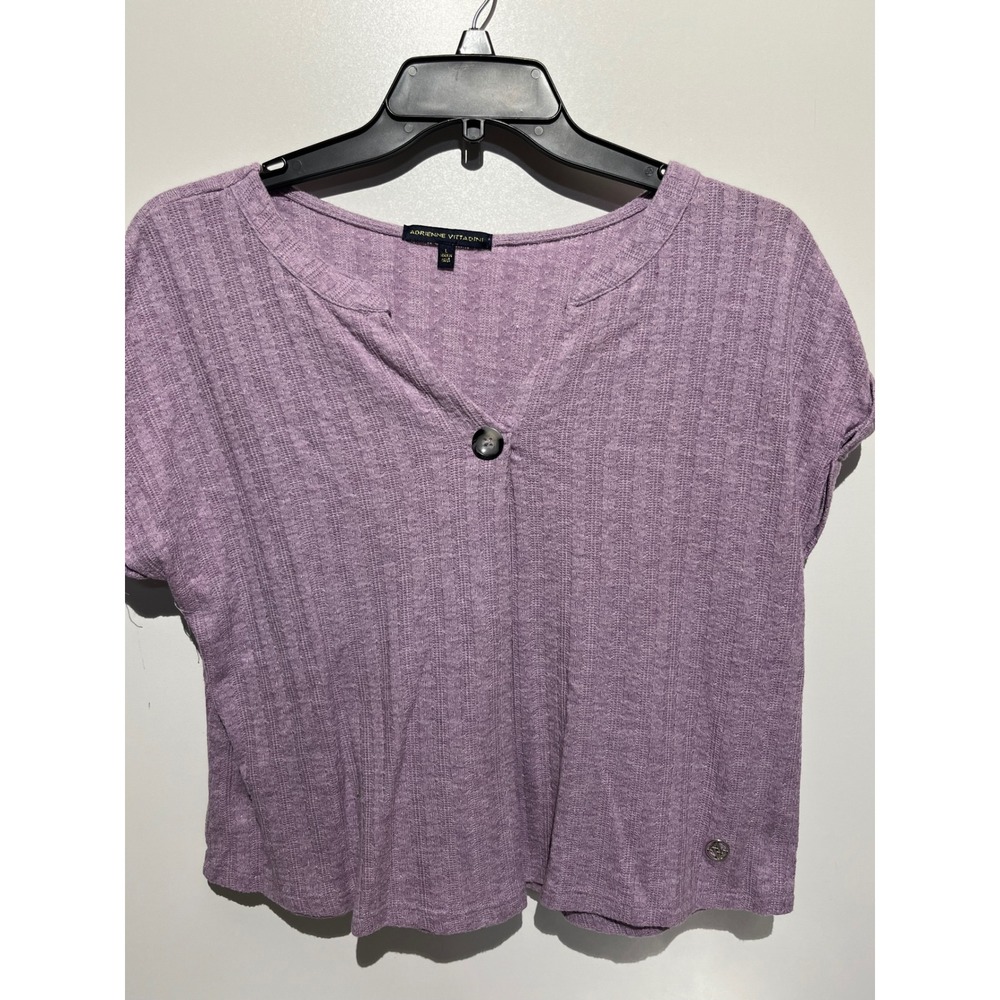 Adrienne Vittadini Lavender Purple Ribbed Knit‎ V-Neck Short Sleeve Top Large
